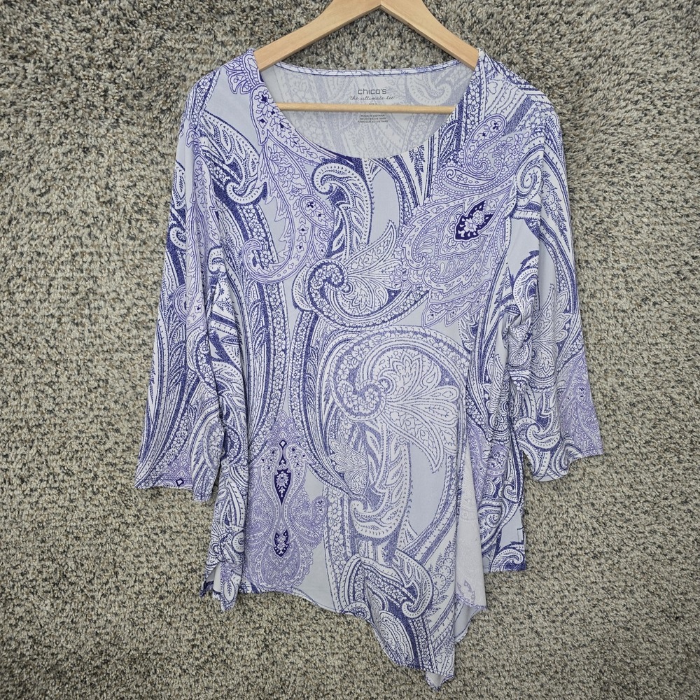 Chicos Top Womens 2‎ US Large Blue Scoop Neck Tunic Stretch Casual Ladies